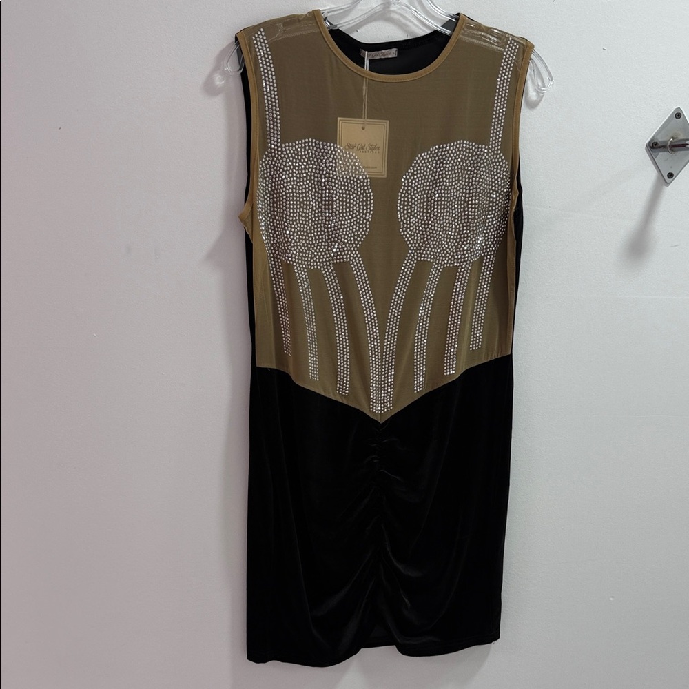 Elegant Black and Brown  Studded Sleeveless Mini Dress